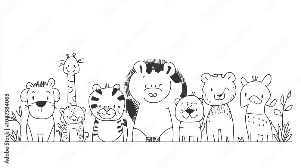 A playful gathering of cartoon animals lined up in a jungle setting during a sunny day, showcasing unique personalities and styles A playful gathering of cartoon animals lined up in a jungle setting during a sunny day, showcasing unique personalities and styles