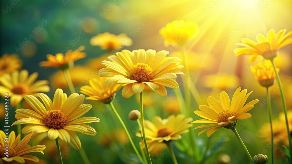Yellow daisies in soft sunlight with green background Yellow daisies in soft sunlight with green background