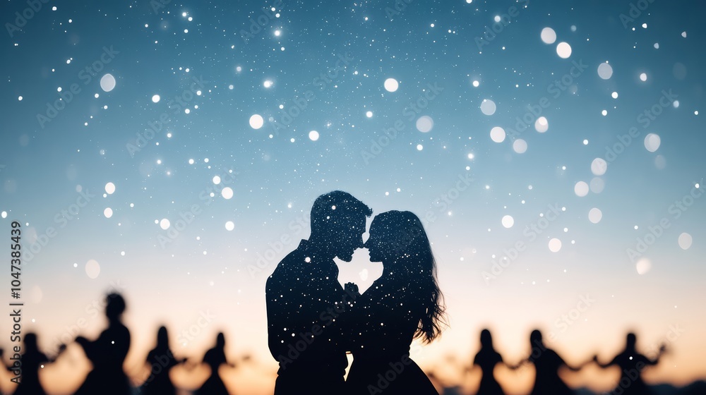 Obraz premium People of all backgrounds dancing together in a meadow under the stars close up, focus on, copy space Double exposure silhouette with dancers and starry sky