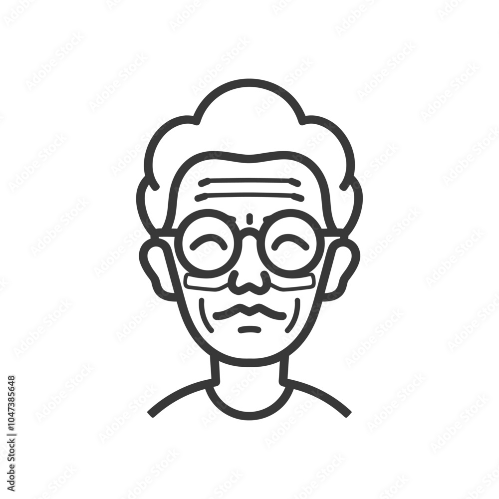 Line drawing of a smiling elderly man with glasses Line drawing of a smiling elderly man with glasses