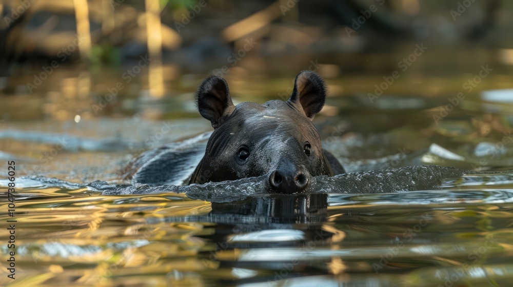 A Tapir Swimming in a River with Its Head Above the Water A Tapir Swimming in a River with Its Head Above the Water