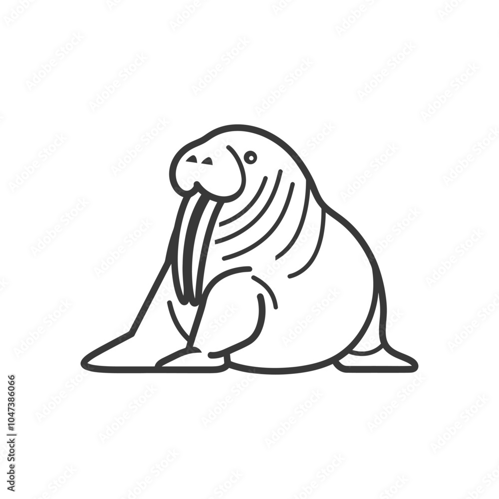 Obraz premium Line Drawing of a Sitting Walrus with a Long Tusk