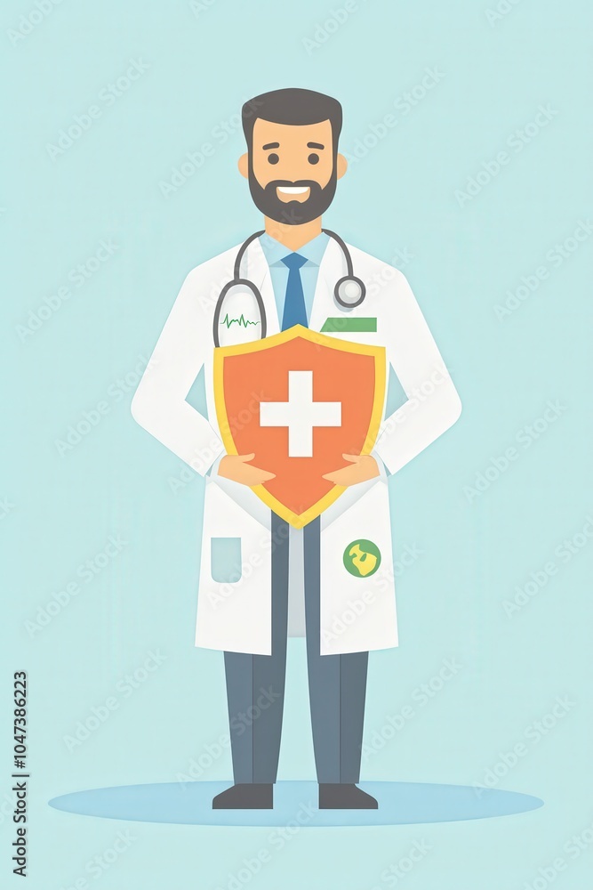 Doctor holding a shield with a health cross and globe, representing protective care Doctor holding a shield with a health cross and globe, representing protective care