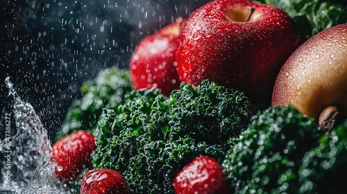 Fresh Green Leafy Vegetables with Red Apples