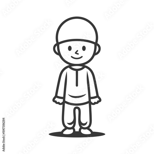 Line Drawing of a Smiling Boy Wearing a Traditional Muslim Head Covering