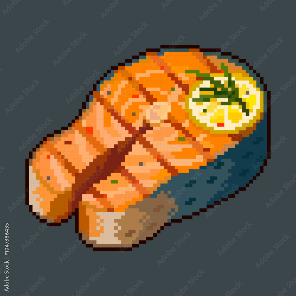 Fototapeta premium Salmon cooked pixelated. A slice of lemon on a cooked juicy slice of red fish.