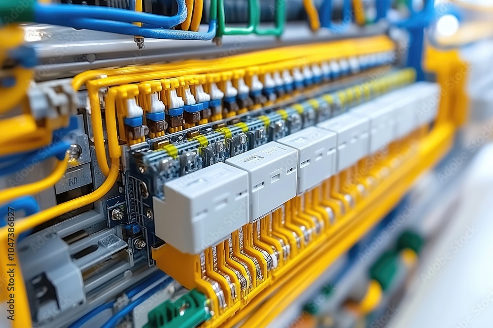 Close-up of Electrical Panel with Yellow and Blue Wires Close-up of Electrical Panel with Yellow and Blue Wires