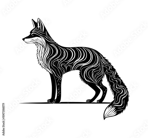 Fantastically detailed fox silhouettes with gravitational wave-inspired curves isolated on white background 