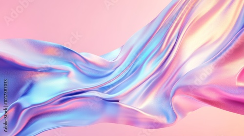 Holographic iridescent cloth flowing in the wind on pink background