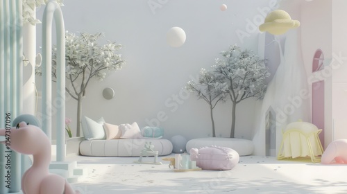 A whimsical minimalist fantasyland featuring a white canvas backdrop, Playful furniture arrangement in a fairytale-inspired setting, Fantasy minimalism style photo