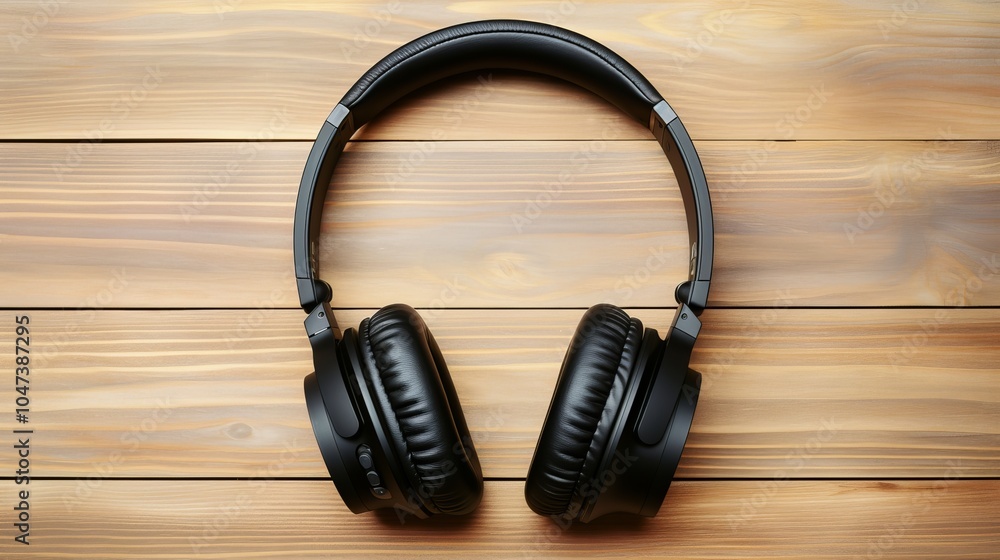 Wireless headphones resting on a wooden surface in a calm indoor space Wireless headphones resting on a wooden surface in a calm indoor space