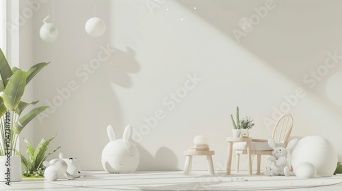 A whimsical minimalist fantasyland featuring a white canvas backdrop, Playful furniture arrangement in a fairytale-inspired setting, Fantasy minimalism style photo