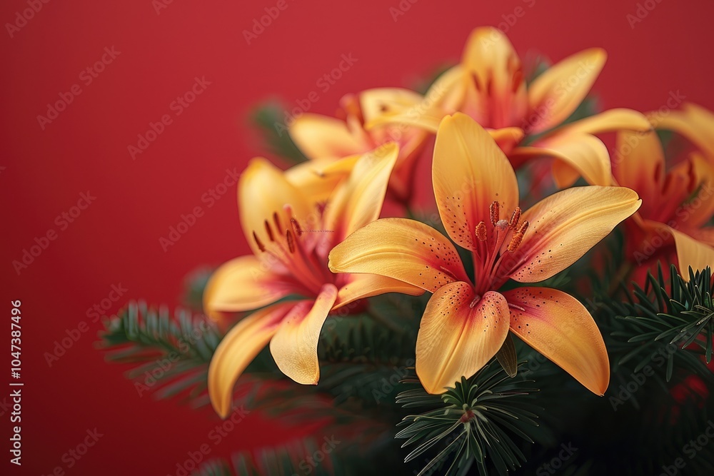 Close-up of Orange Lily with Red Background and Evergreen Foliage Close-up of Orange Lily with Red Background and Evergreen Foliage