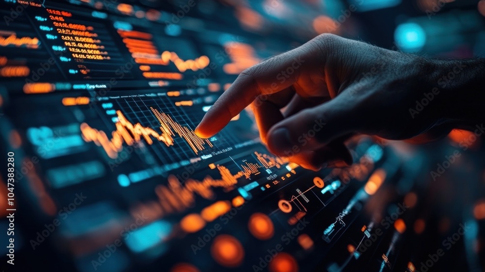A hand interacts with a digital interface displaying data visualizations and analytics. A hand interacts with a digital interface displaying data visualizations and analytics.