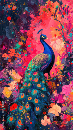 Colorful Peacock in Vibrant Fantasy Forest Setting Poster
