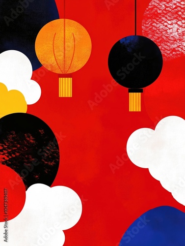 A vibrant abstract design featuring traditional lanterns, clouds, and bold colors. The composition embodies a festive and celebratory atmosphere, perfect for Lunar New Year 2025 imagery. photo