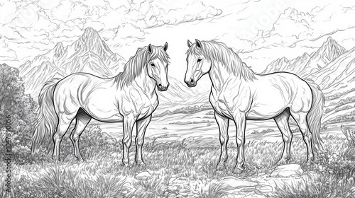 Two majestic horses stand gracefully in a lush meadow beneath a dramatic mountain backdrop during a serene afternoon, coloring page