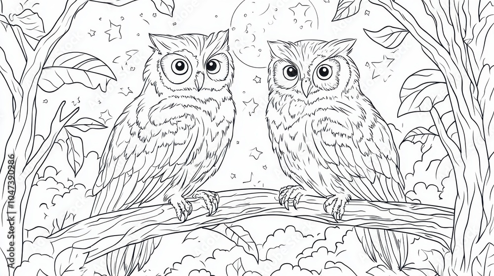 Fototapeta premium Two wise owls perched on a branch amidst lush leaves and twinkling stars under the moonlight in a serene night sky, coloring page