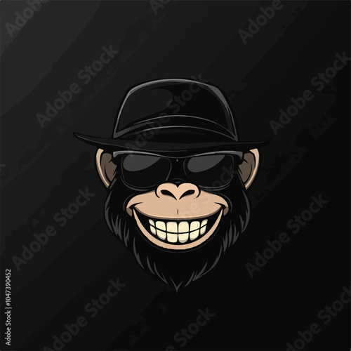A cartoon gorilla character with a big smile, showcasing white teeth, stylishly dressed with sunglasses and a black hat, set against a sleek black background