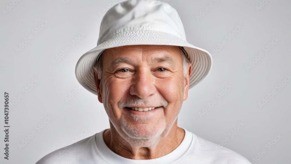 Plus size senior man wearing white t-shirt and white bucket hat isolated on grey background Plus size senior man wearing white t-shirt and white bucket hat isolated on grey background