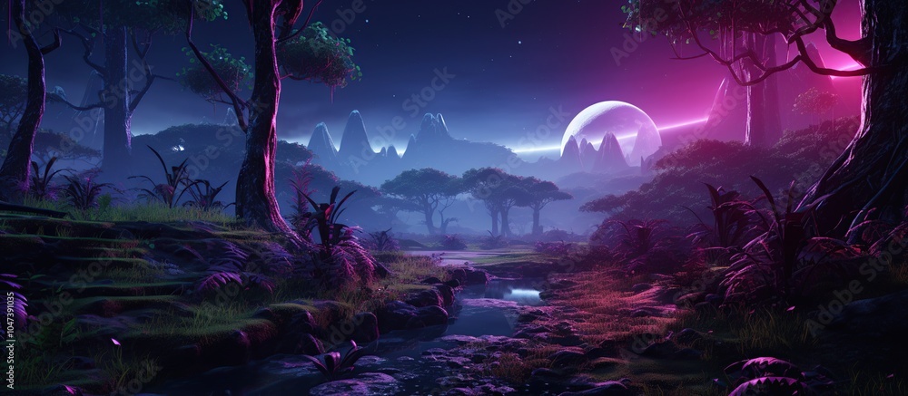Fototapeta premium Fantasy Forest Under a Pink Moon