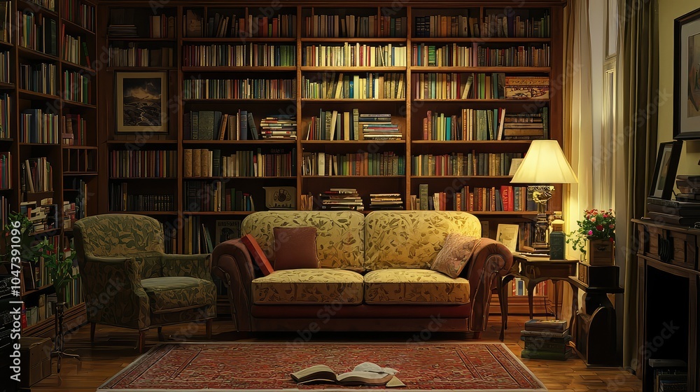 Cozy Office Lounge with Bookshelves and Soft Lighting Cozy Office Lounge with Bookshelves and Soft Lighting