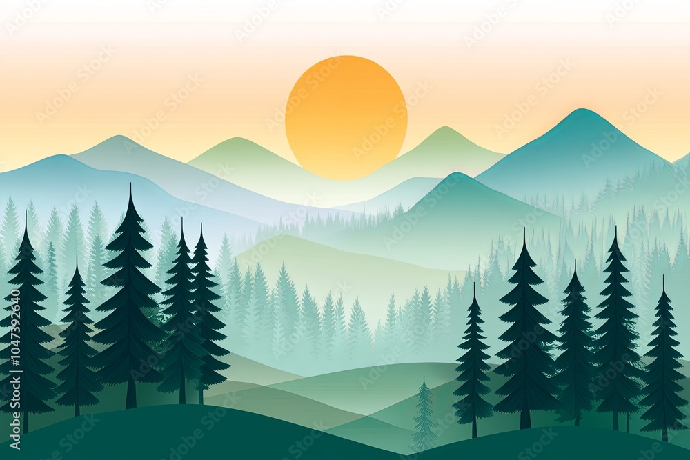 Fototapeta premium Serene forest landscape with soft green hills and silhouette of pine trees under a gradient sky at dawn