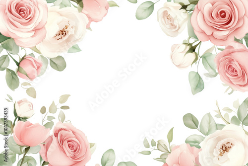 Floral frame border with pink roses and peonies isolated on white background