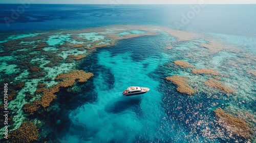 Aerial View of Luxury Yacht Sailing Over Tropical Coral Reefs
