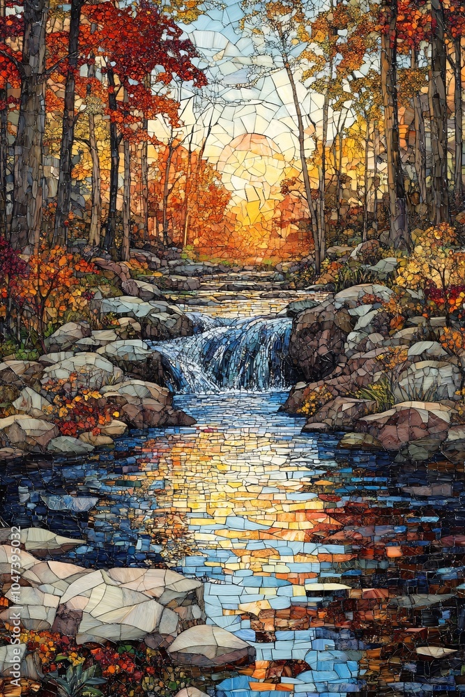 Breathtaking mosaic of nature a vivid autumn landscape with a serene stream reflecting the golden sunlight Breathtaking mosaic of nature a vivid autumn landscape with a serene stream reflecting the golden sunlight
