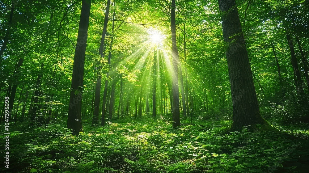 Obraz premium Enchanted Forest with Sunlight Dappling Through Trees