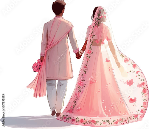 Illustration of Indian couple of bride and groom in pink holding hands