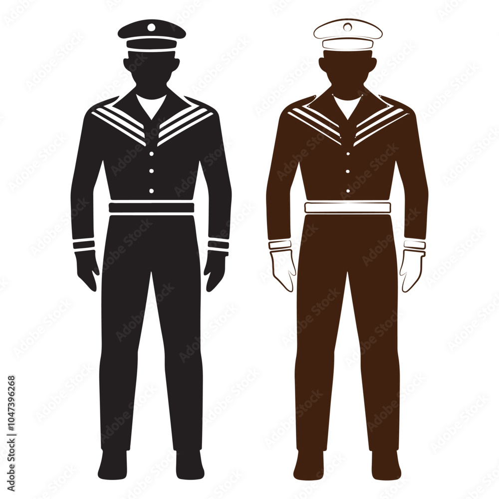 Sailor in Uniform (WWII Era) silhouette vector black color white background Sailor in Uniform (WWII Era) silhouette vector black color white background