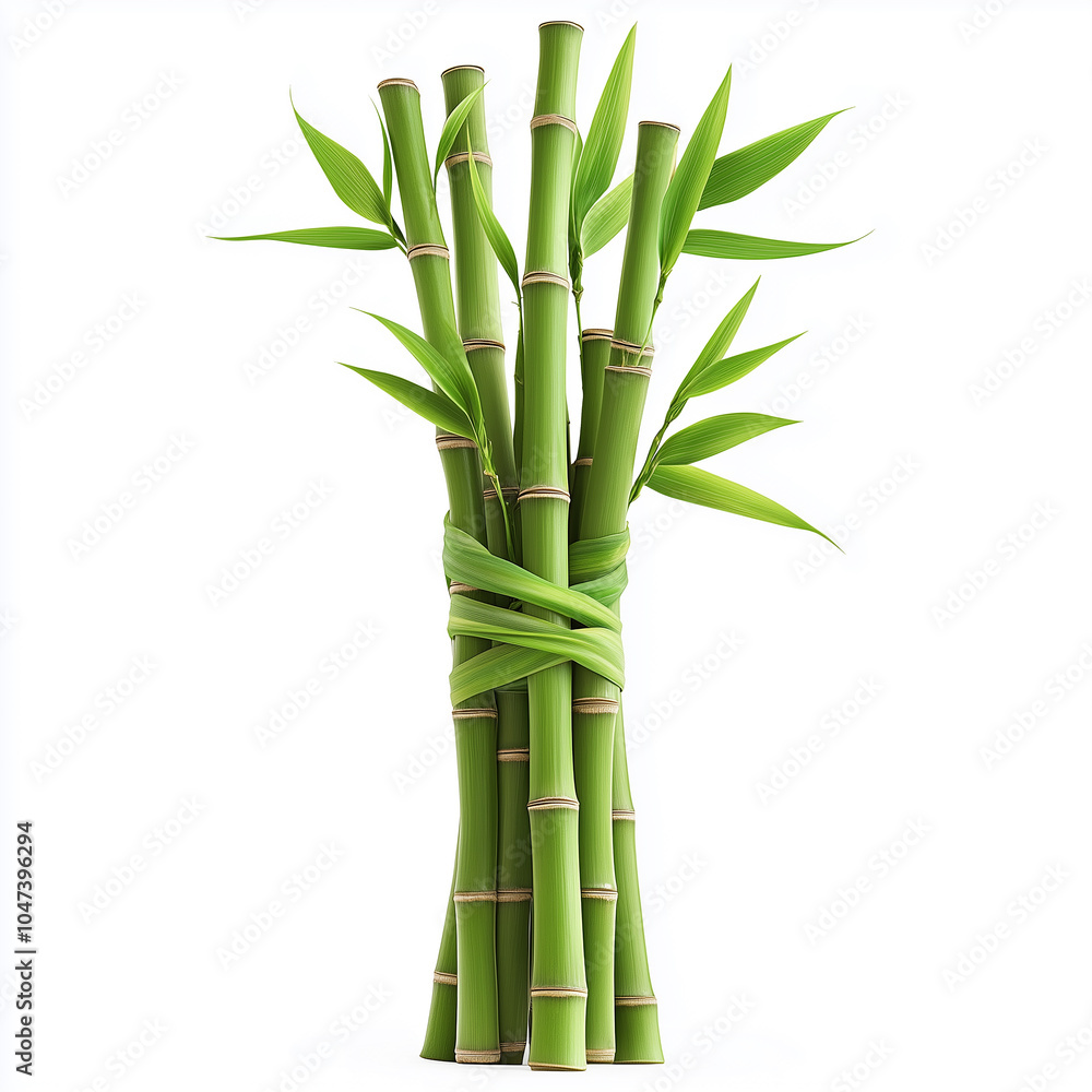 Naklejka premium A bunch of bamboo shoots, with several long, green, tender stalks wrapped around each other on the right side, bamboo green sticks with leaves isolated on a white background,