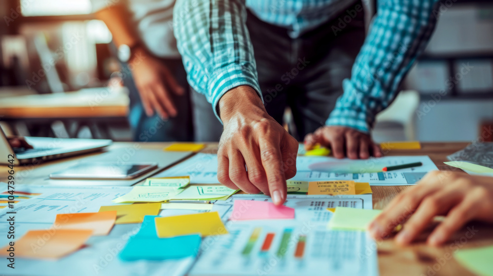 Fototapeta premium Hands collaborating on analysis with sticky notes and papers in an office.