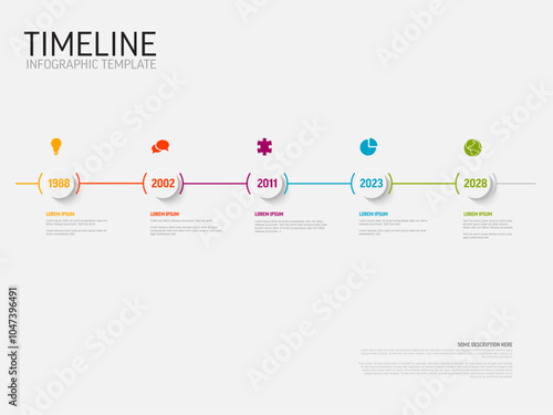Thin straight line Infogrpahic company timeline diagram template with white background. Simple multipurpose infochart on straight time line.