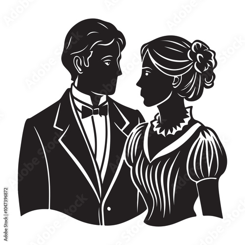  Victorian Couple  silhouette  vector black color white background 