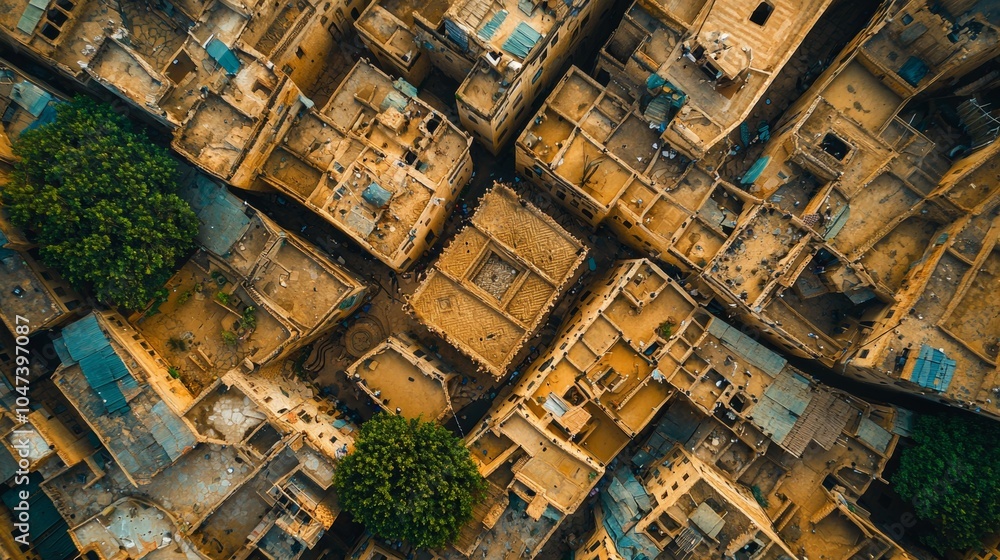 Aerial View of Traditional Mudbrick Buildings in a Dense Urban Setting Aerial View of Traditional Mudbrick Buildings in a Dense Urban Setting