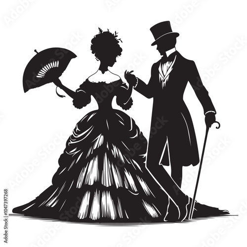  Victorian Couple  silhouette  vector black color white background 