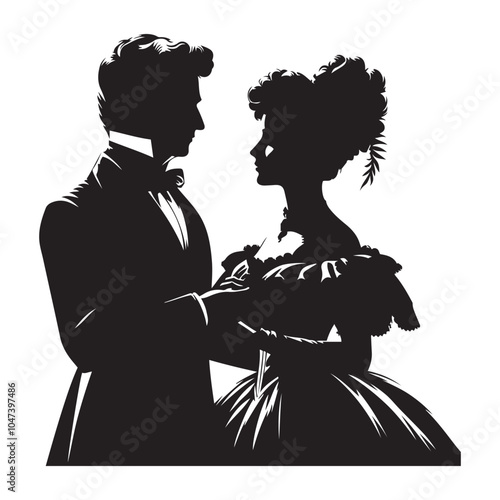  Victorian Couple  silhouette  vector black color white background 