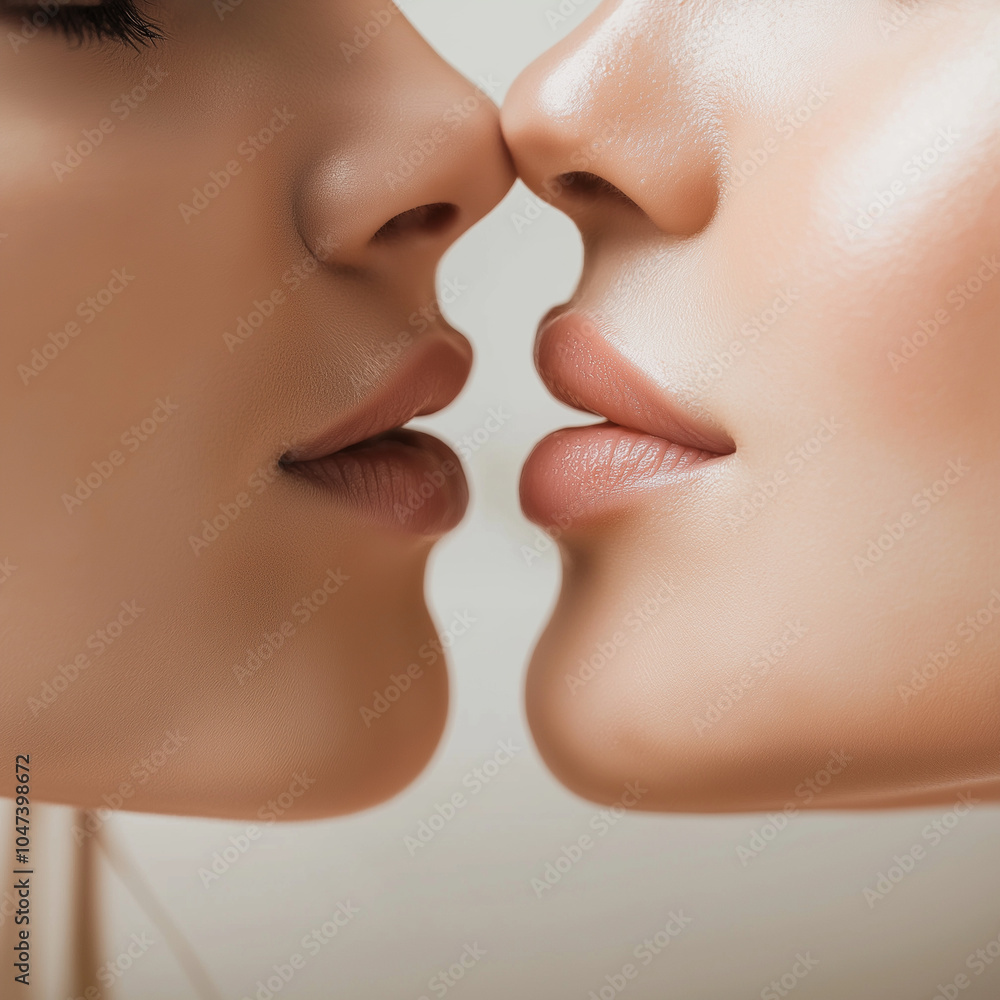 Obraz premium Intime Nahaufnahme zweier Frauenlippen in zärtlicher Berührung. Sinnlicher Moment in sanfter Beleuchtung. Romantische, kunstvolle Beauty-Fotografie