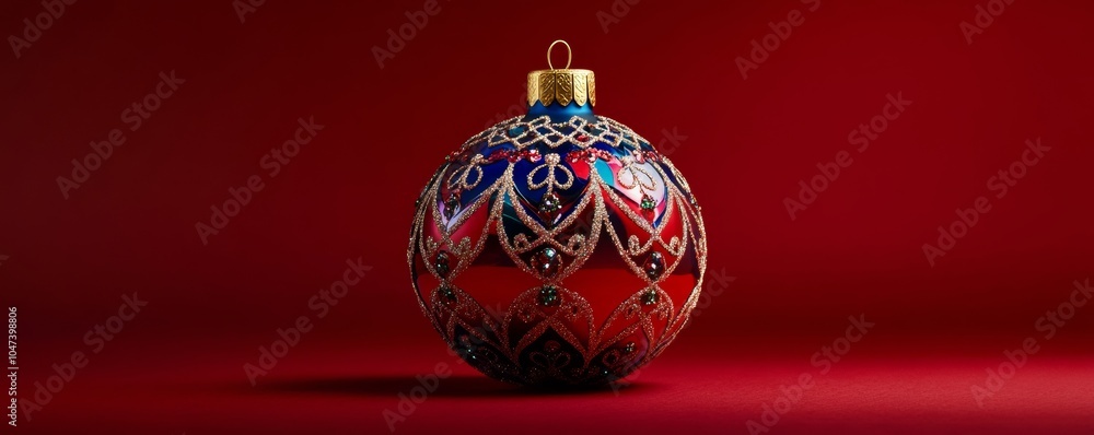 Red and blue christmas ornament shining on red background Red and blue christmas ornament shining on red background