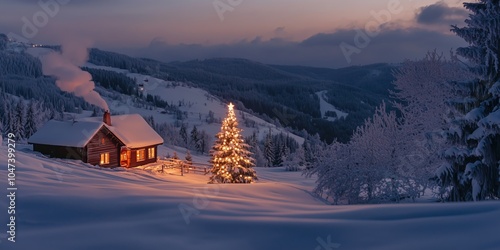 a christmas tree with candles stands in the snow next to a lonely romantically lit hut in mountains photo