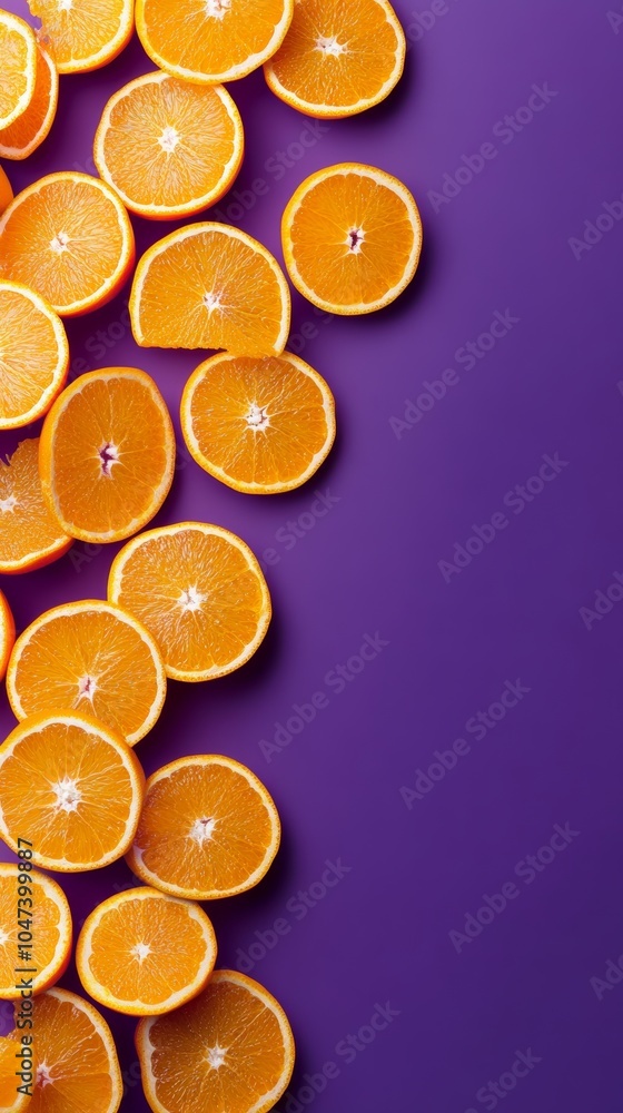 Orange slices arranged on purple background creating vibrant contrast Orange slices arranged on purple background creating vibrant contrast