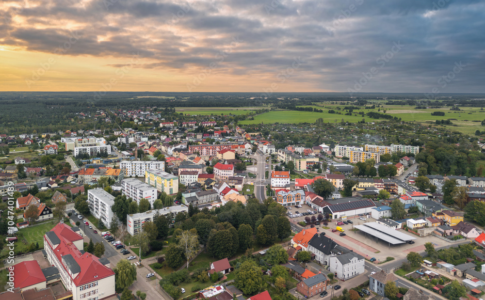 Aerial skyline cityscape of Krzyż Wielkopolski, Poland. Panoramic autumn view at sunset