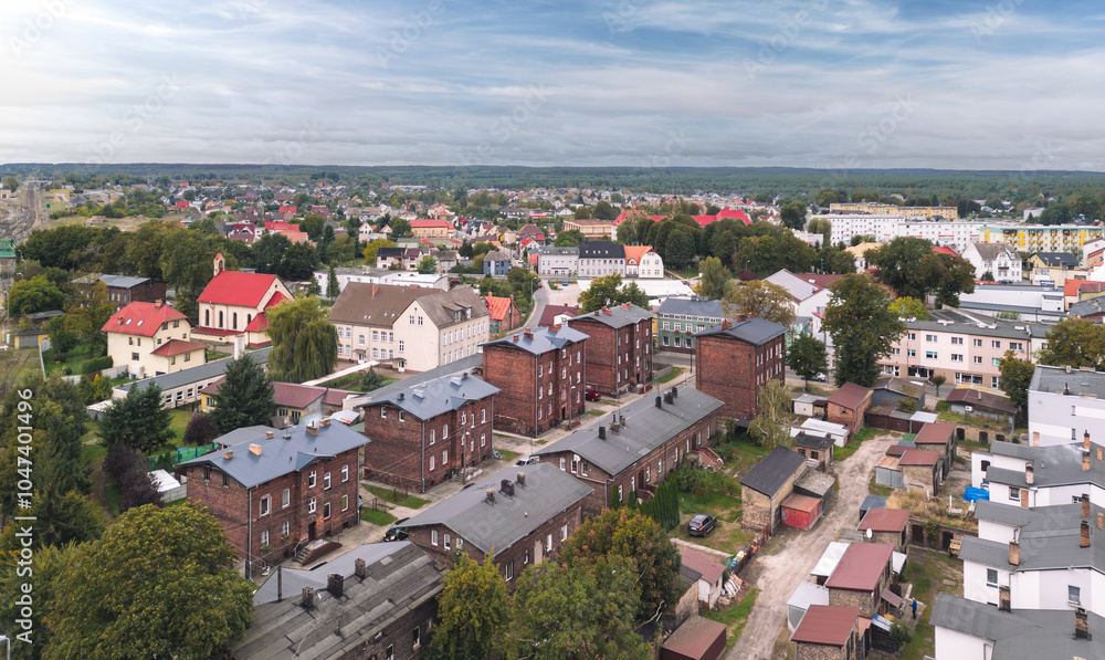 Aerial skyline cityscape of Krzyż Wielkopolski, Poland. Panoramic autumn view