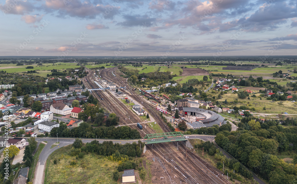 Aerial skyline cityscape of Krzyż Wielkopolski, Poland. Panoramic autumn view