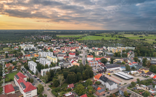 Obraz na płótnie Aerial skyline cityscape of Krzyż Wielkopolski, Poland. Panoramic autumn view at sunset w salonie