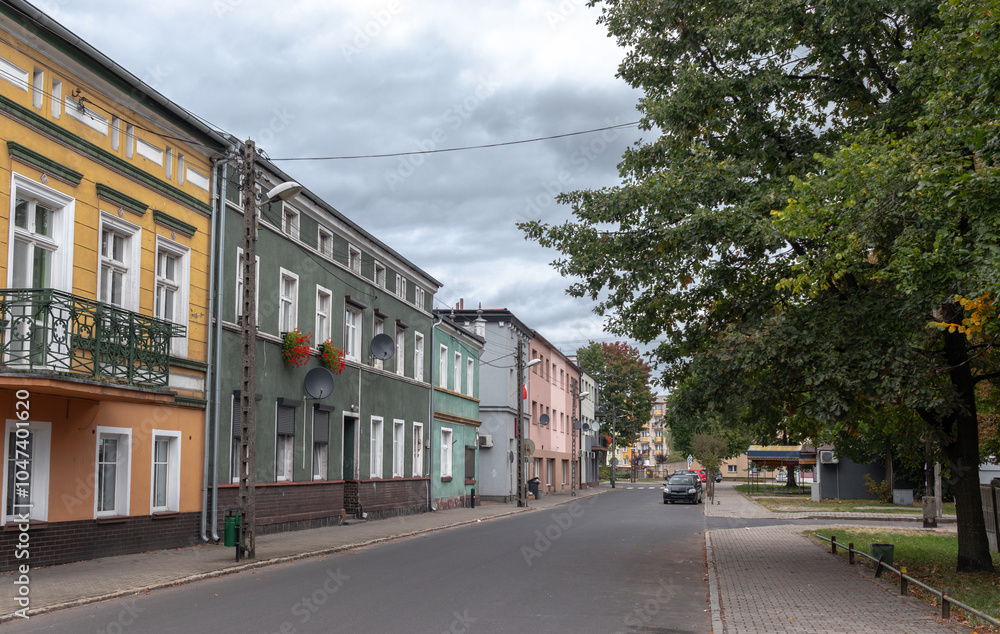 Autumn cityscape of Krzyż Wielkopolski, Poland. Colorful residential buildings.