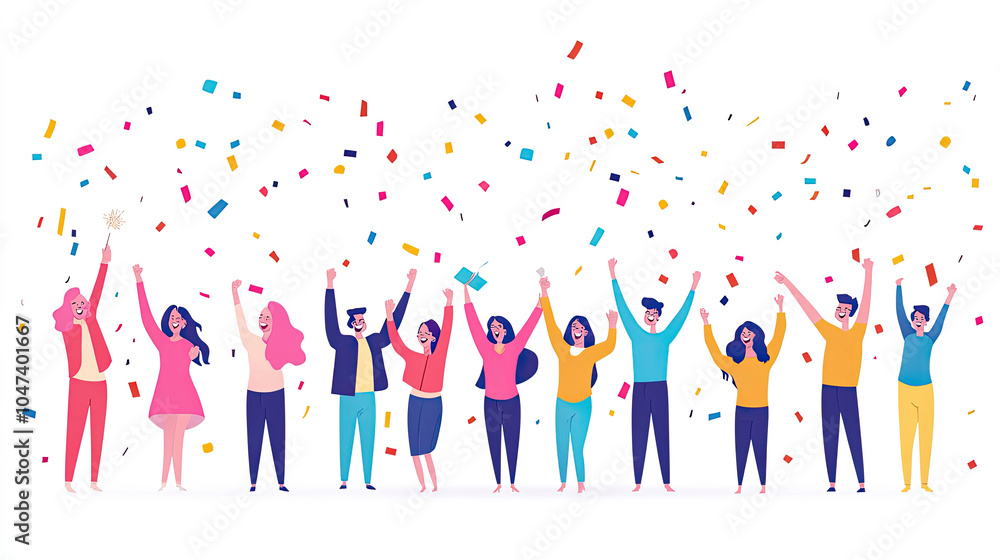 people celebrating by raising their hands. colorful confetti falling, isolated on white background with copy space on the left of the frame. people celebrating by raising their hands. colorful confetti falling, isolated on white background with copy space on the left of the frame.